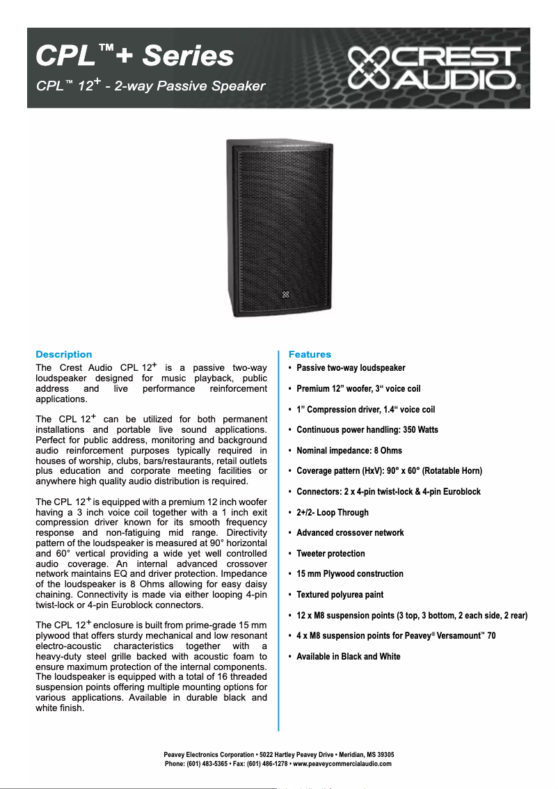 Page 1 de la notice Fiche technique Crest Audio CPL 12+