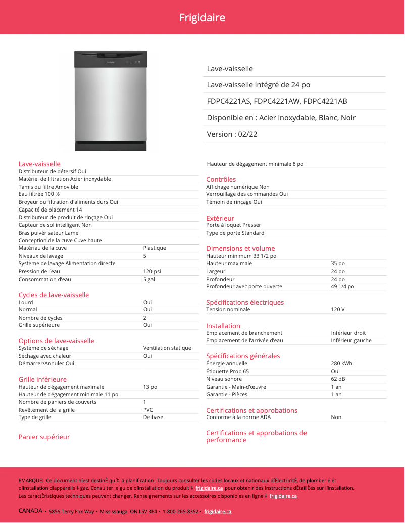 Page 1 de la notice Fiche technique Frigidaire FDPC4221AW