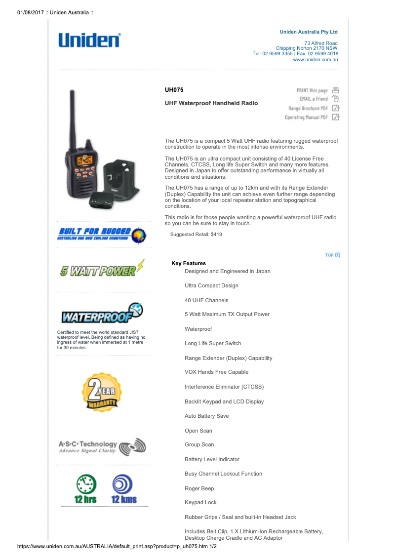 Page 1 de la notice Manuel utilisateur Uniden UH075