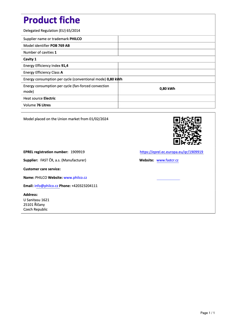 Page 1 de la notice Fiche technique Philco POB 769 AB