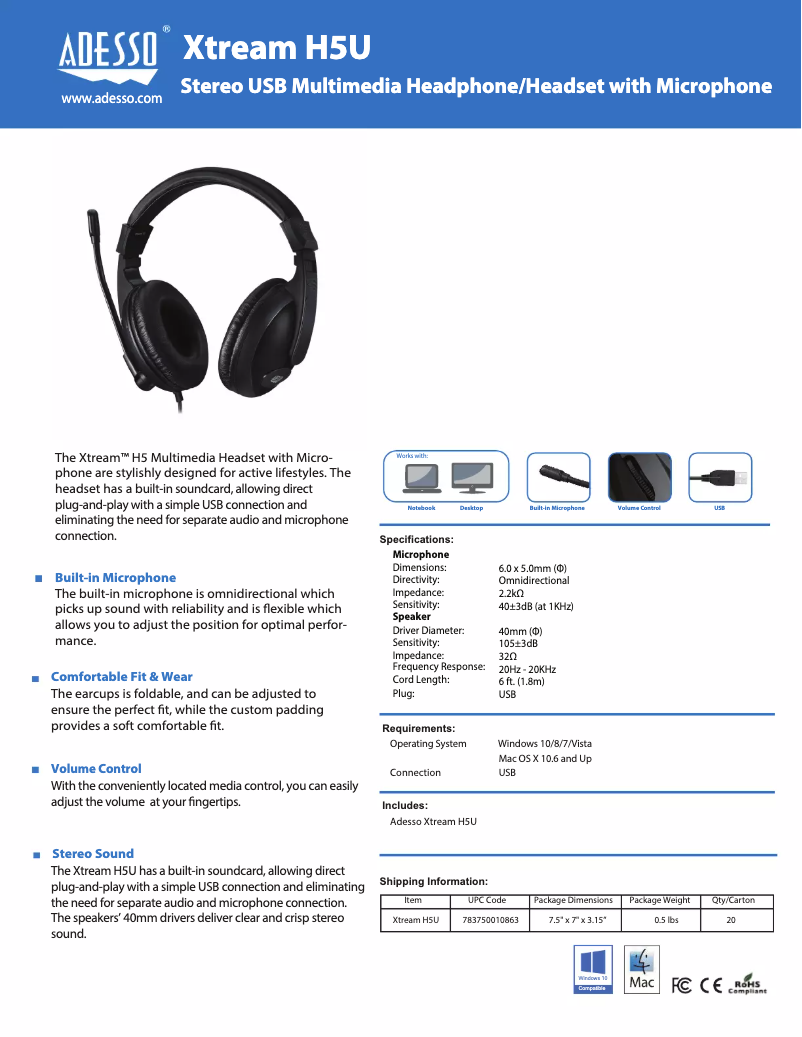 Page 1 de la notice Manuel utilisateur Adesso Xtream H5U