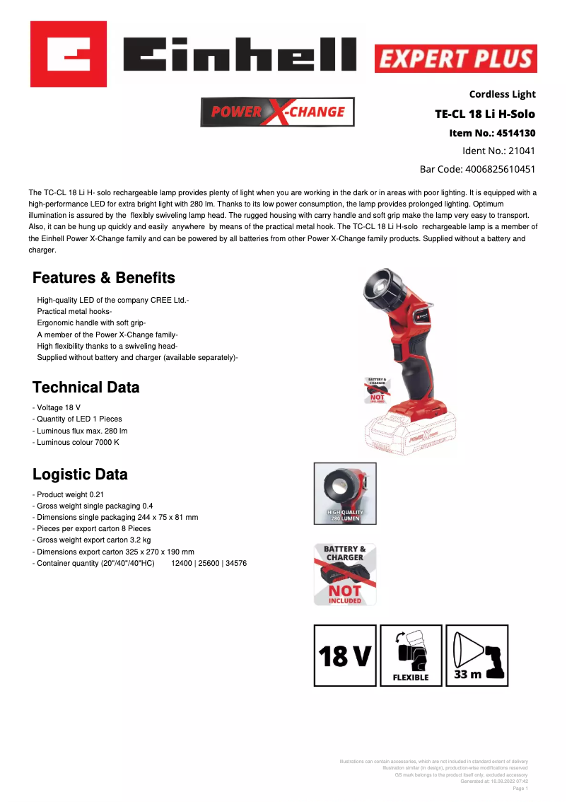 Page n°1 - Fiche technique Einhell TC-CL 18 Li H - Solo