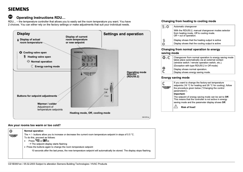 Page 1 de la notice Manuel utilisateur Siemens RDU50