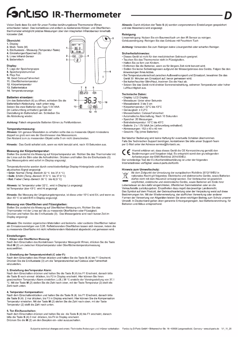 Page 1 de la notice Manuel utilisateur Fontiso IR-Thermometer