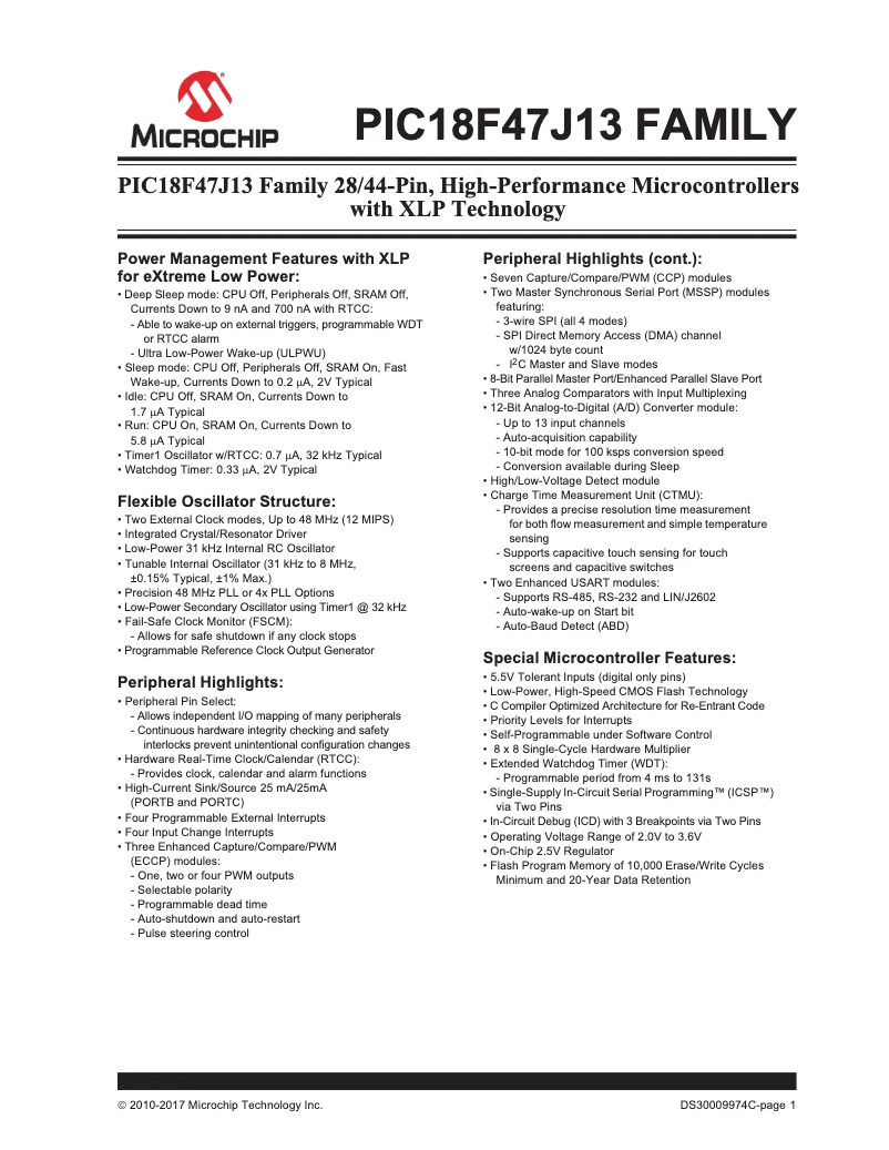 Page 1 de la notice Fiche technique Microchip PIC18F46J13