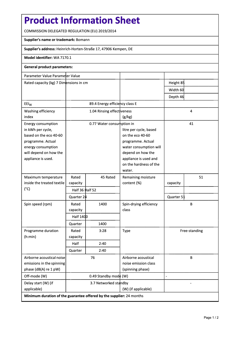Page n°1 - Fiche technique Bomann WA 7170.1