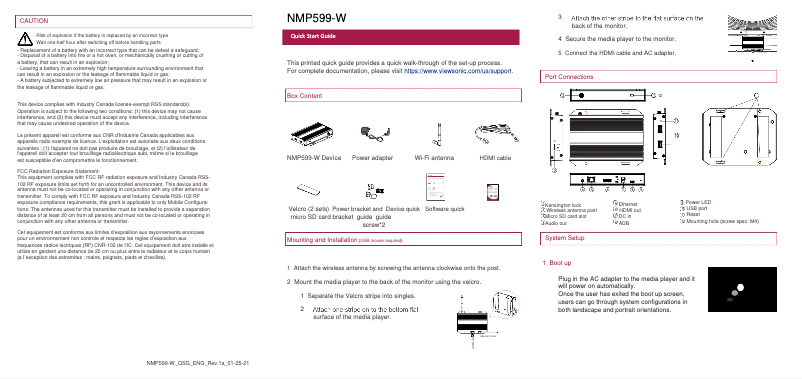 Page n°1 - Guide de démarrage rapide Viewsonic NMP599-W