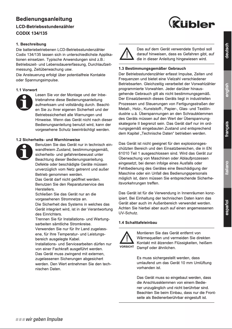 Page 1 de la notice Manuel utilisateur Kübler Codix 134