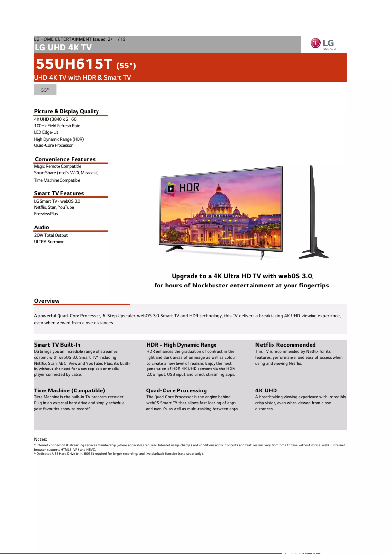 Page 1 de la notice Fiche technique LG 55UH615T