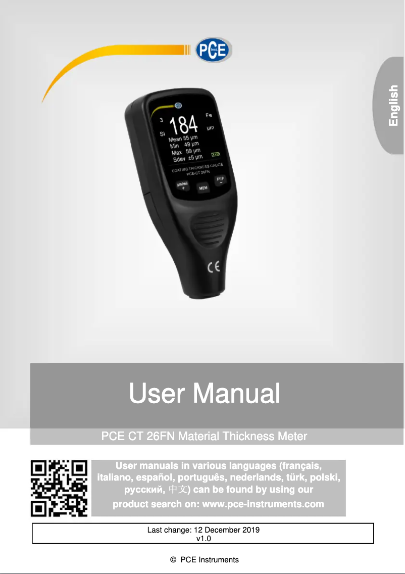 Página 1 del manual Manual de usuario PCE Instruments PCE-CT 26FN