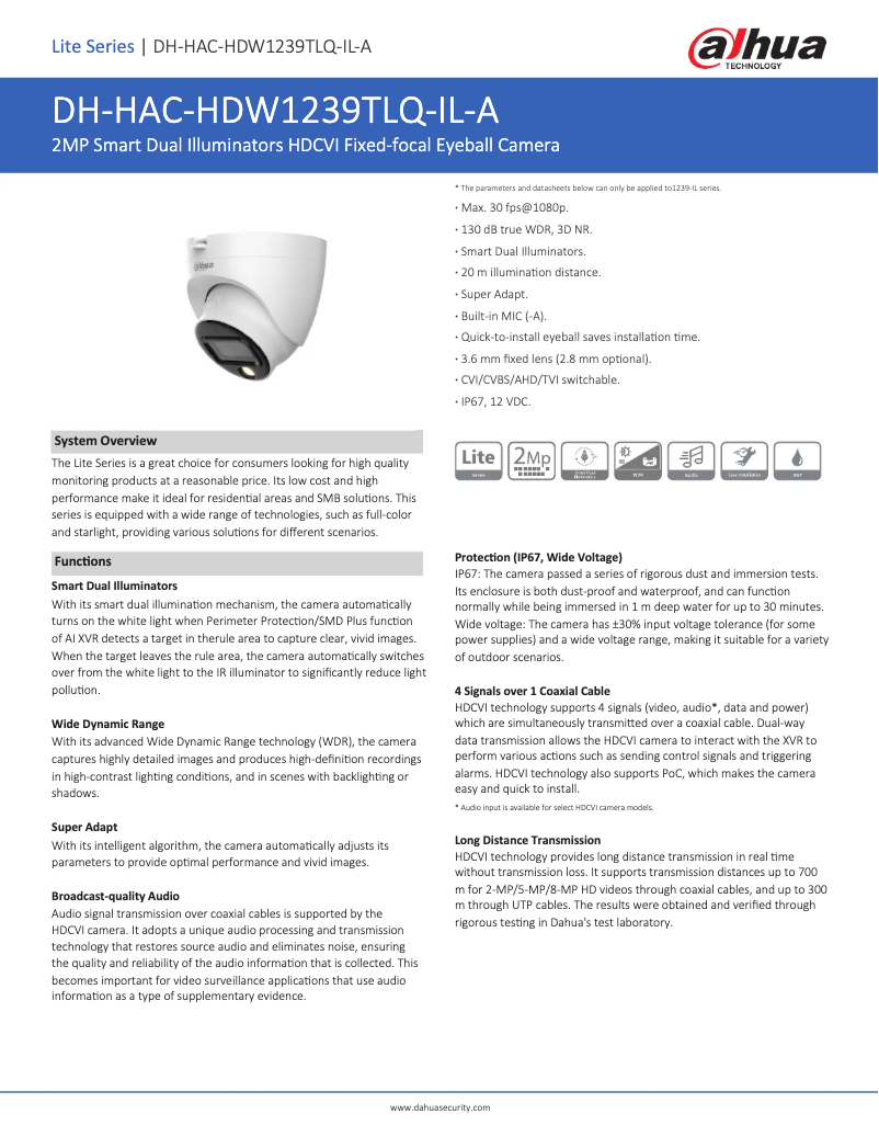 Page n°1 - Fiche technique Dahua Technology HAC-HDW1239TLQ-IL-A