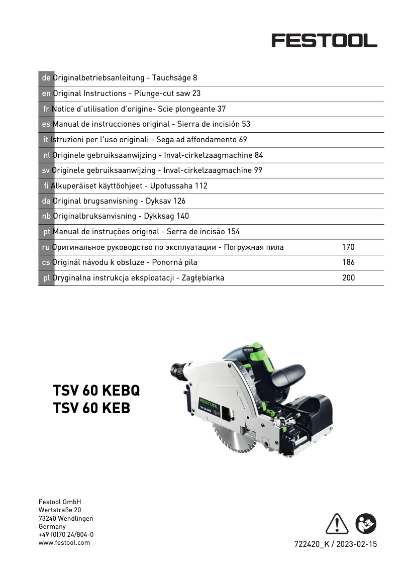 Page 1 de la notice Manuel utilisateur Festool TSV 60 KEBQ