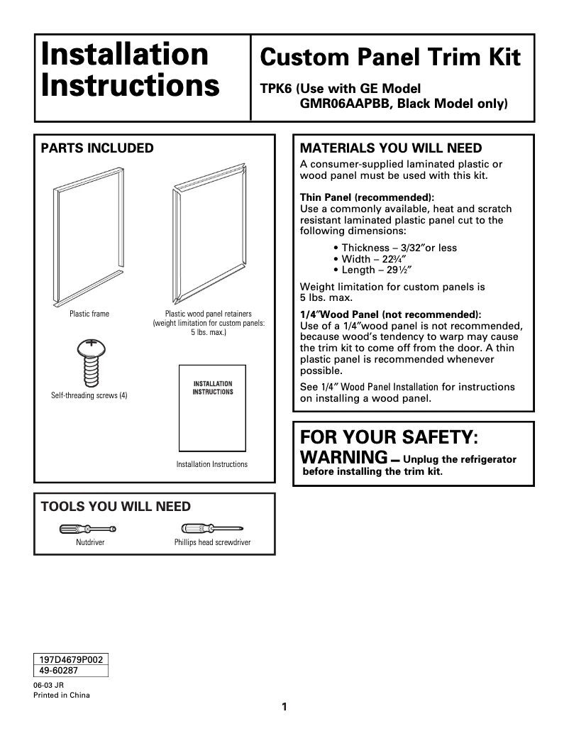 Page 1 de la notice Manuel utilisateur GE TPK6
