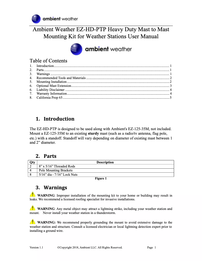 Page 1 de la notice Manuel utilisateur Ambient Weather EZ-HD-PTP