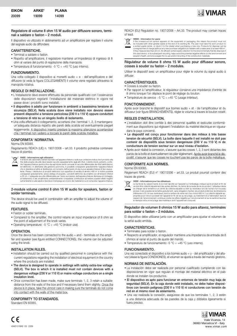 Page 1 de la notice Manuel utilisateur Vimar 14099