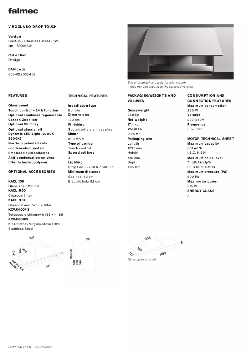 Page 1 de la notice Fiche technique Falmec Virgola No-Drop Touch