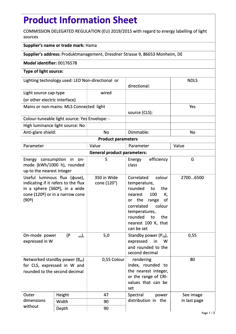 Page 1 de la notice Fiche technique Hama 00176578