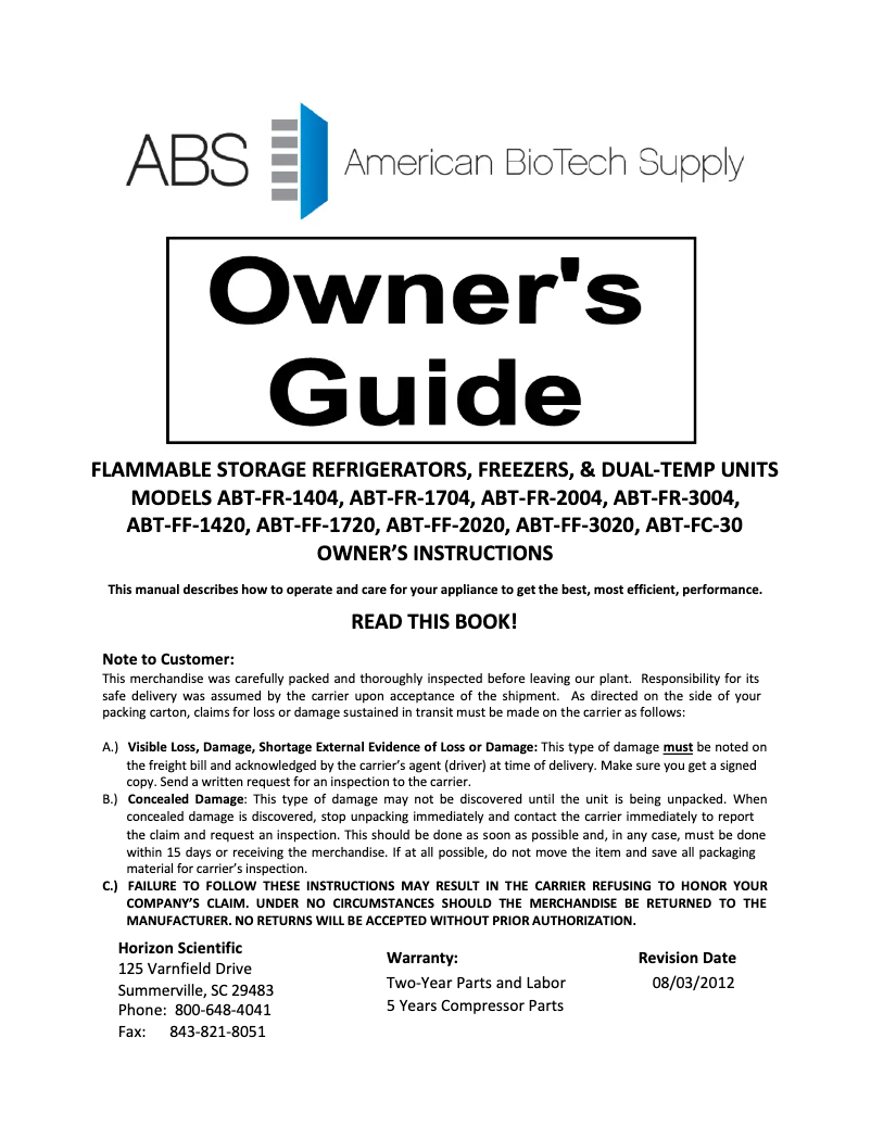 Page 1 de la notice Manuel utilisateur American BioTech Supply ABT-FFS-14