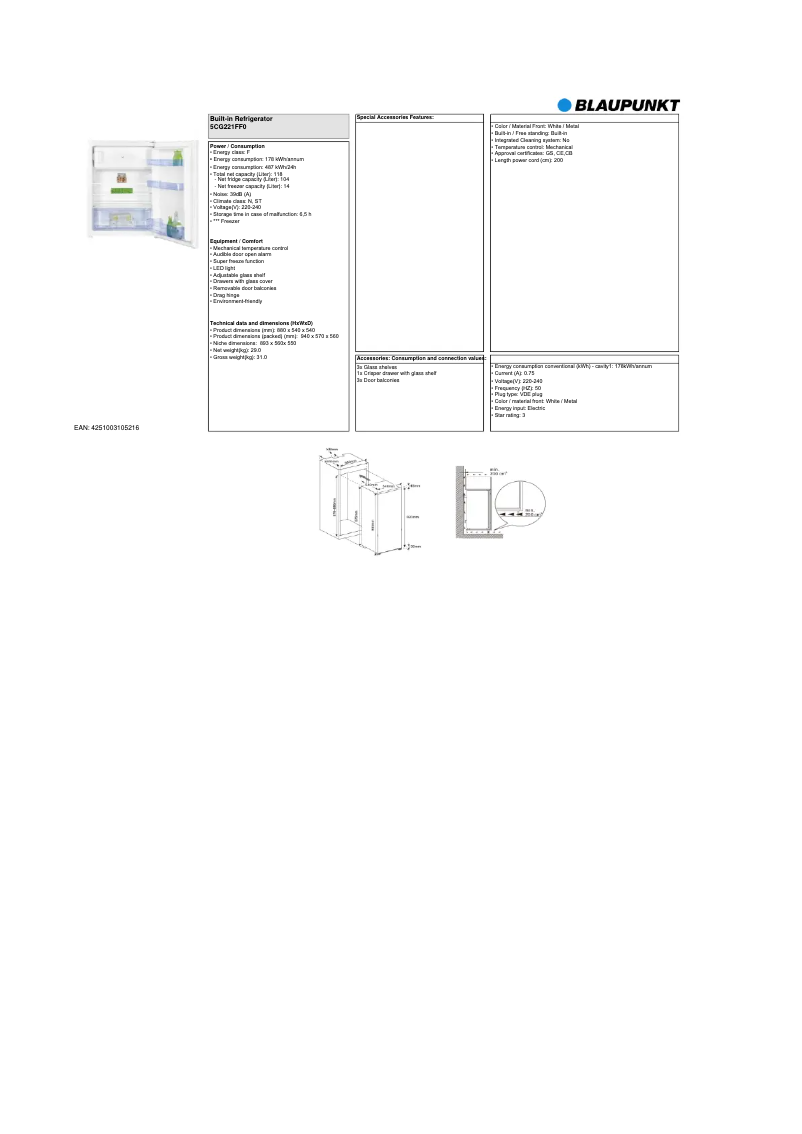Page 1 de la notice Fiche technique Blaupunkt 5CG221FF0