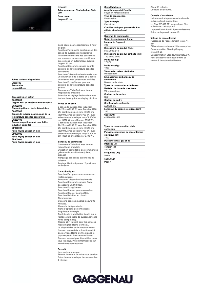 Page 1 de la notice Fiche technique Gaggenau CI282102