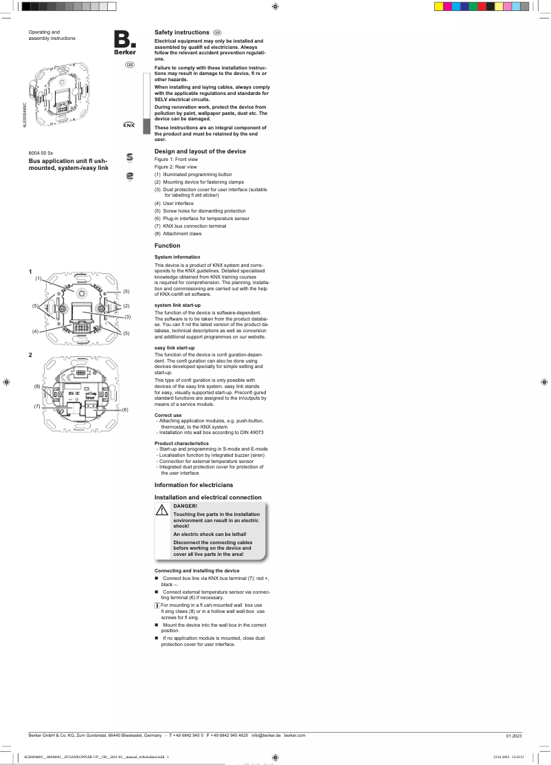 Page n°1 - Manuel utilisateur Berker 80040011