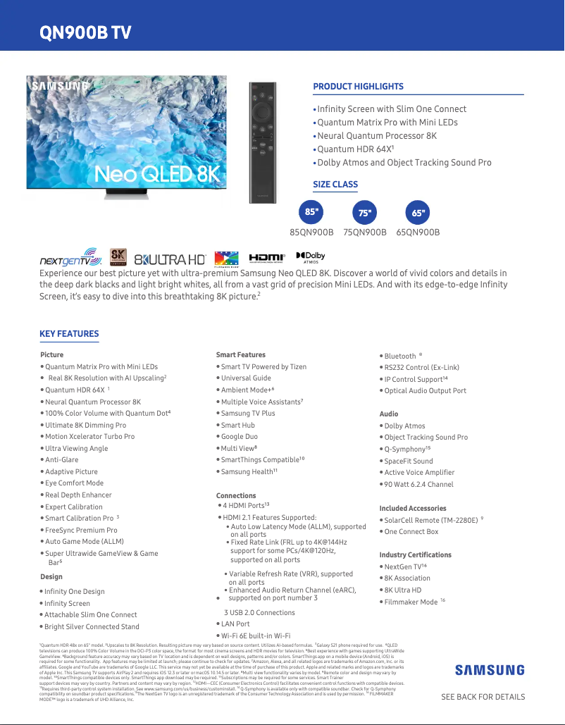 Page 1 de la notice Fiche technique Samsung QN65QN85BAFXZA