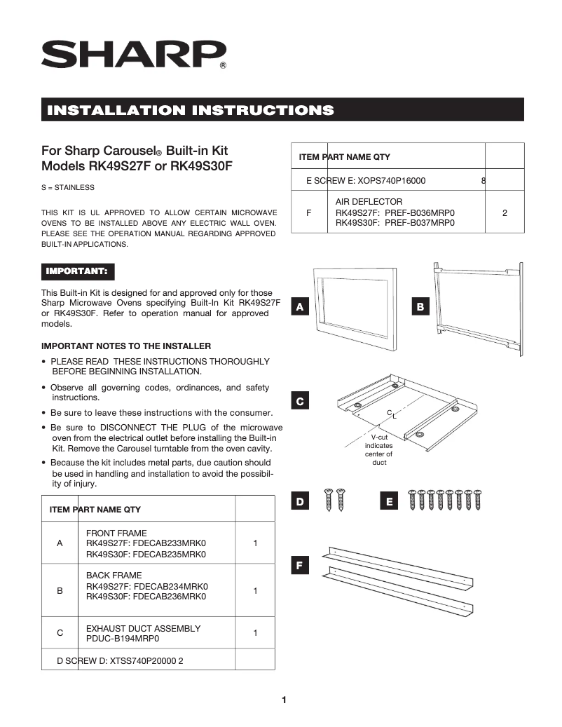 Page 1 de la notice Manuel utilisateur Sharp RK49S27F