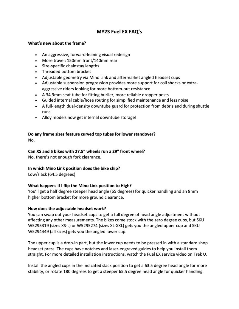 Page n°1 - FAQ Trek Fuel EX AL Frame Set Gen 6