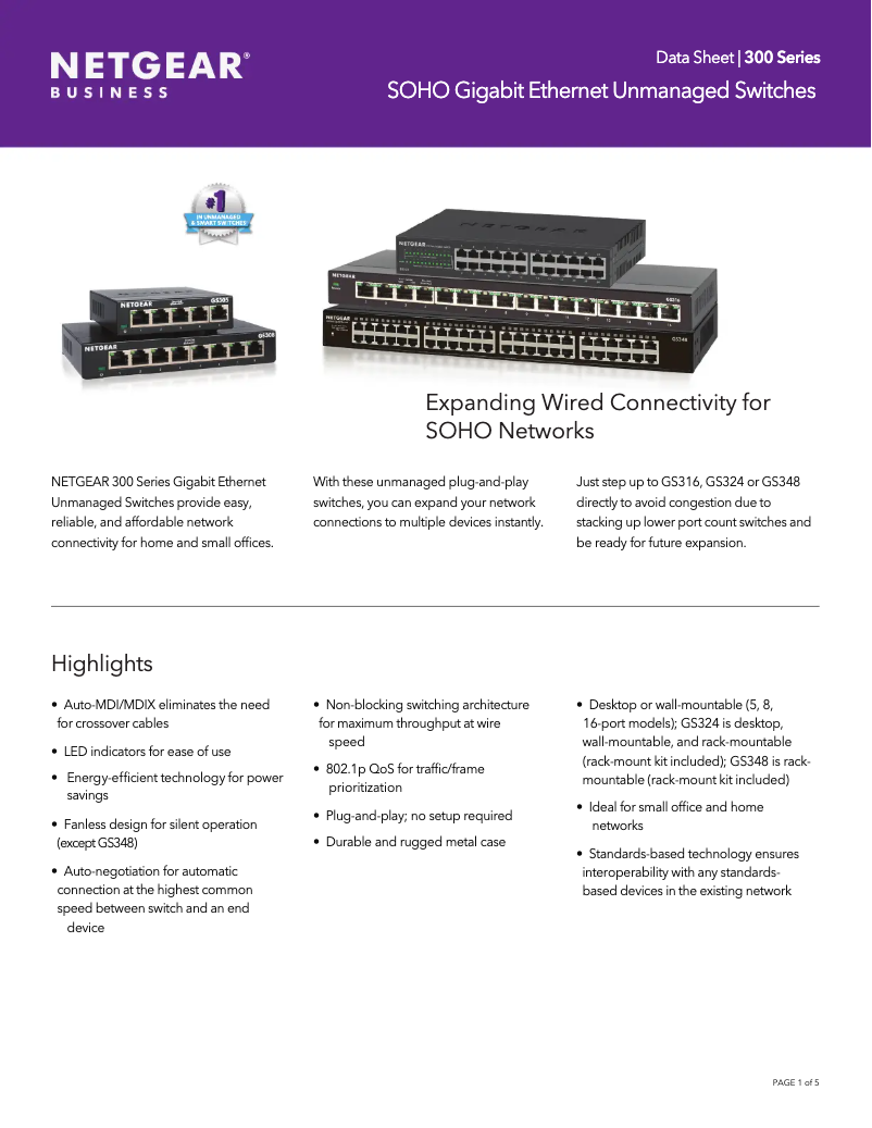 Page n°1 - Fiche technique Netgear GS305Pv2