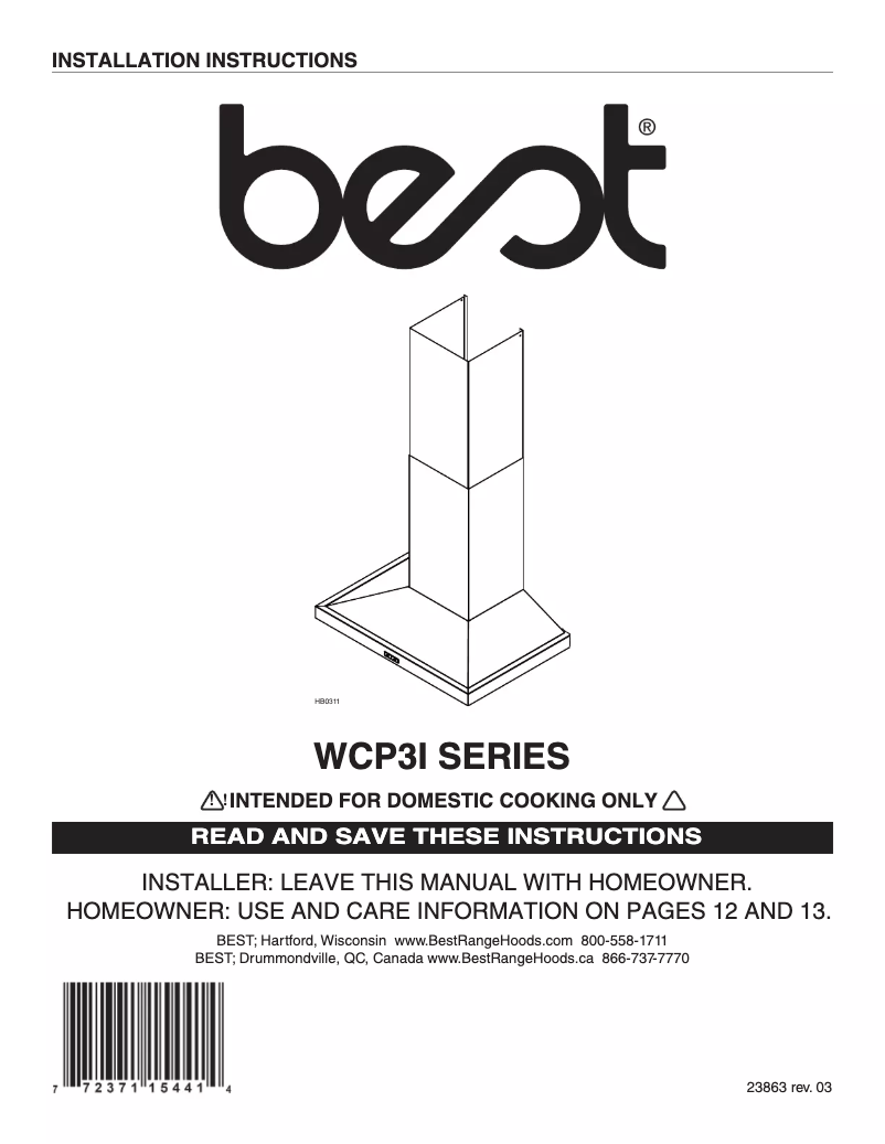 Page n°1 - Guide d'installation Best Trovare WCP3I30SB