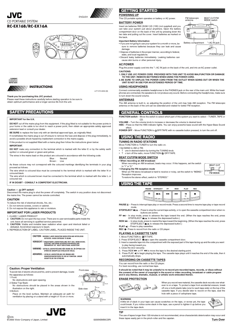 Page 1 de la notice Manuel utilisateur JVC RC-EX16A