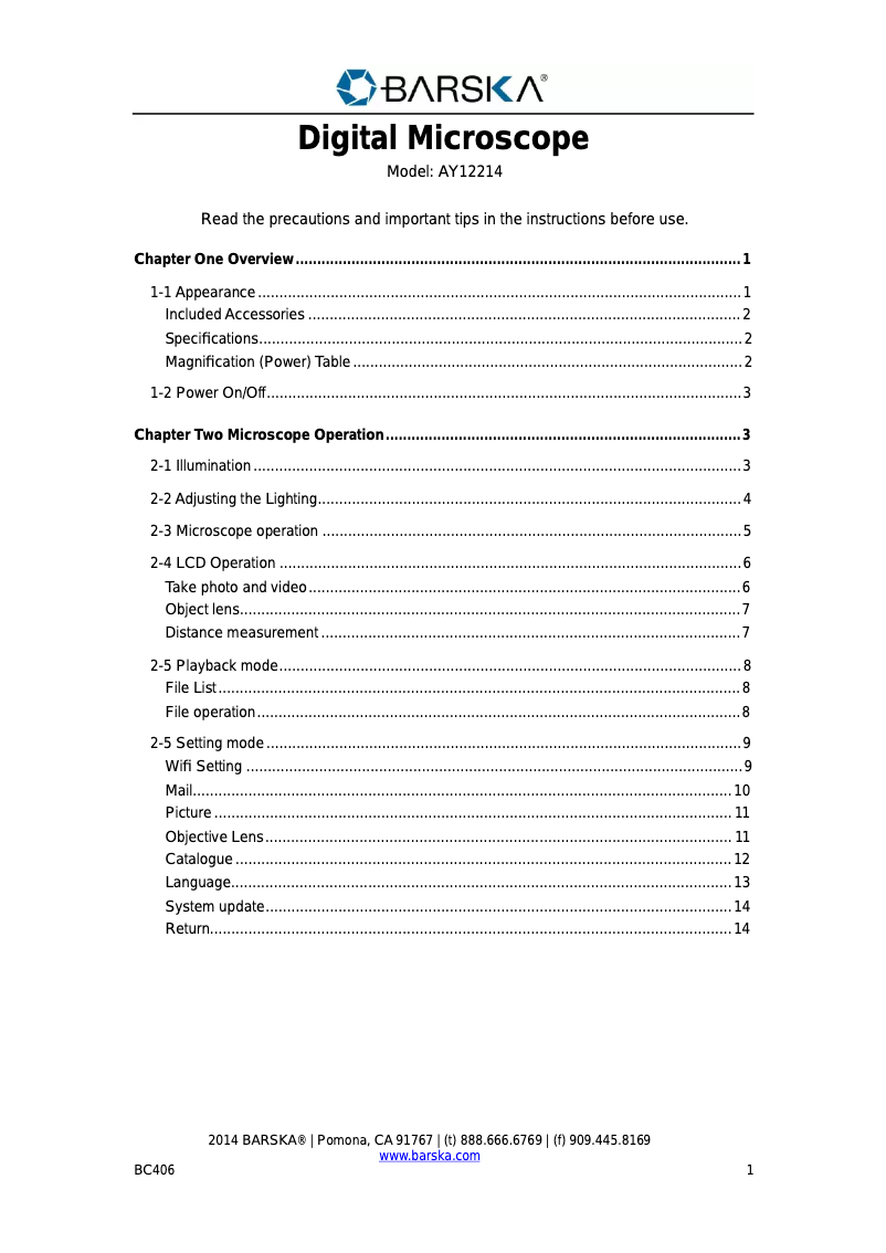 Page 1 de la notice Manuel utilisateur Barska AY12214