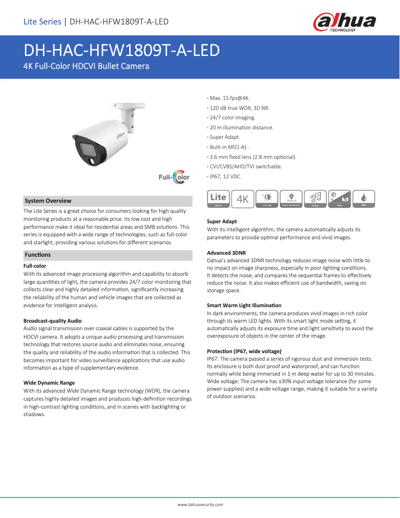 Page n°1 - Fiche technique Dahua Technology HAC-HFW1809T-A-LED