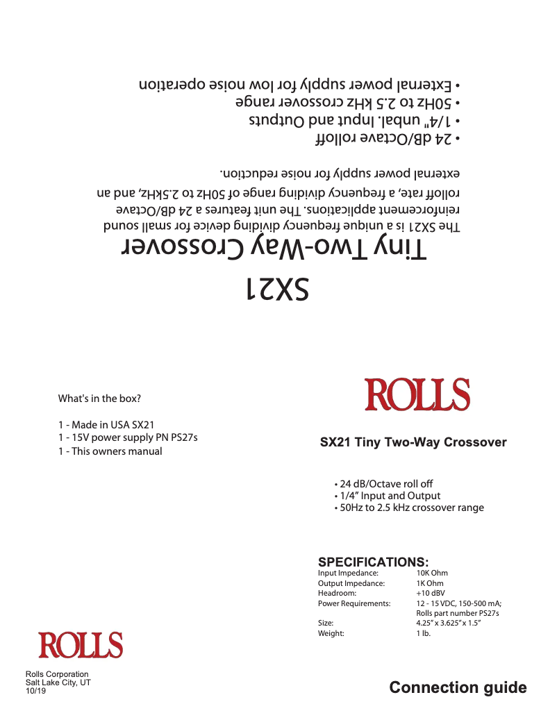 Page 1 de la notice Manuel utilisateur Rolls Tiny Two-Way Crossover SX21