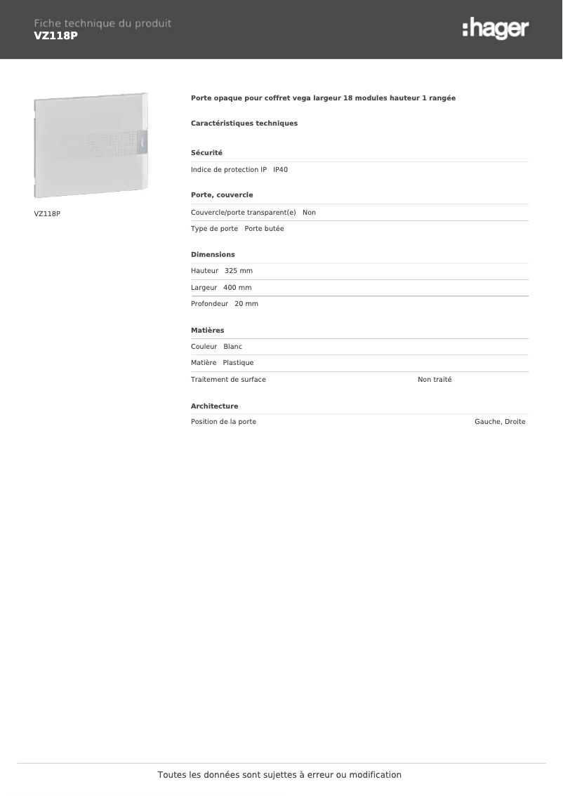 Page n°1 - Fiche technique Hager VZ118P