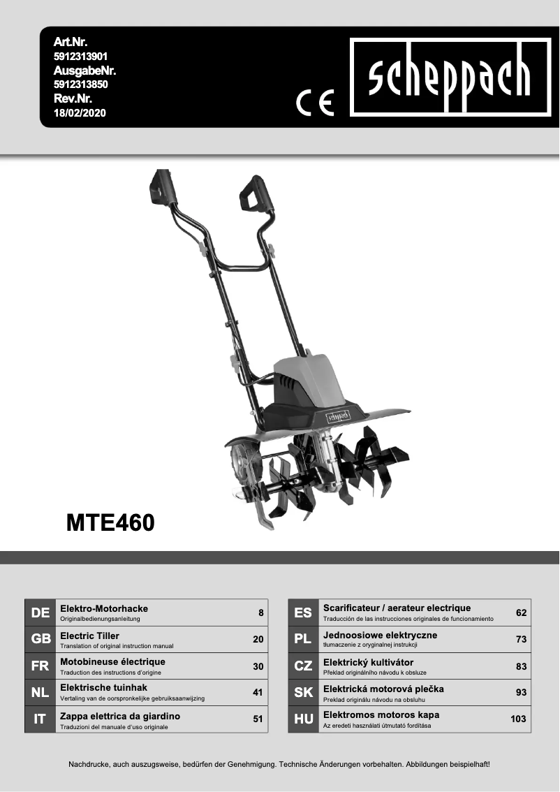 Page 1 de la notice Manuel utilisateur Scheppach MTE460