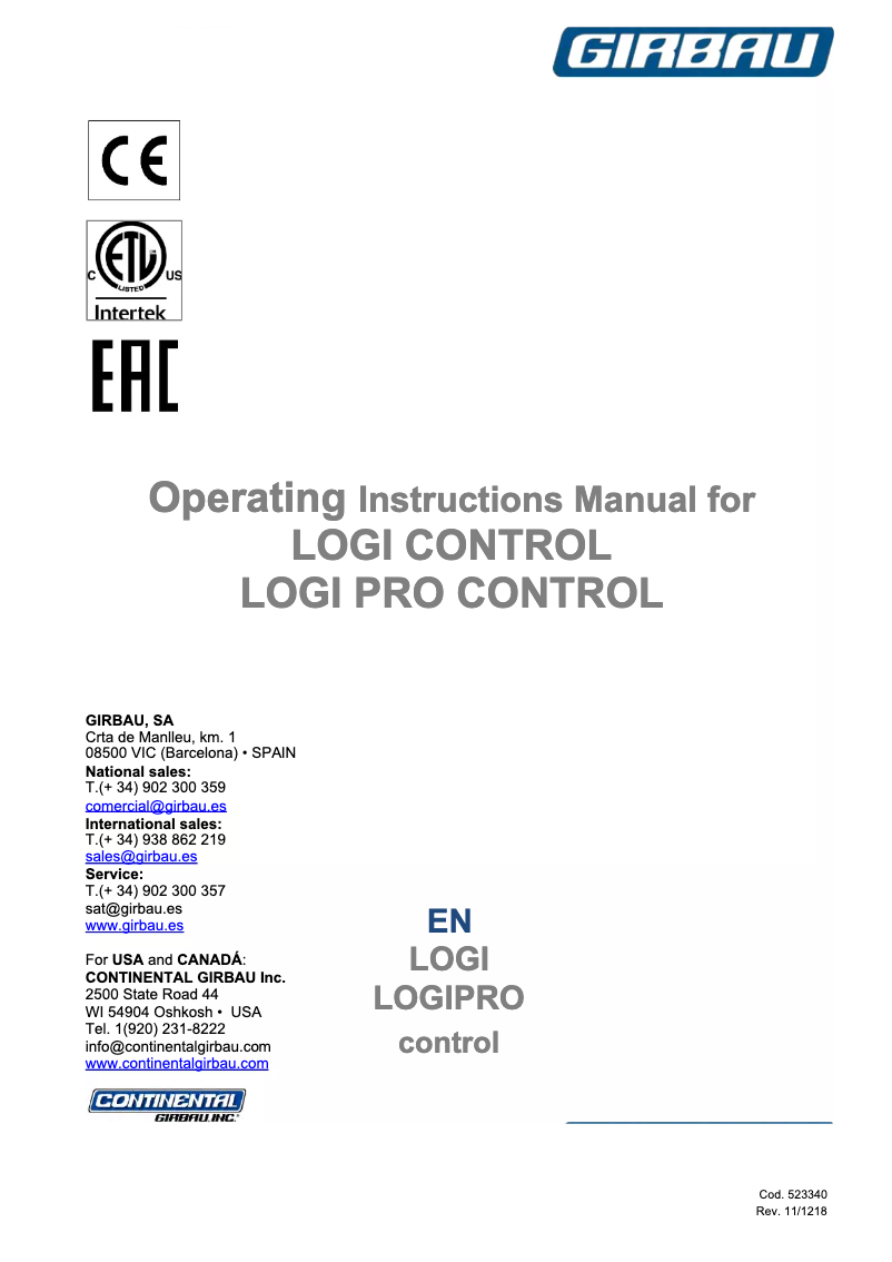 Page 1 de la notice Manuel utilisateur Girbau RMG033P