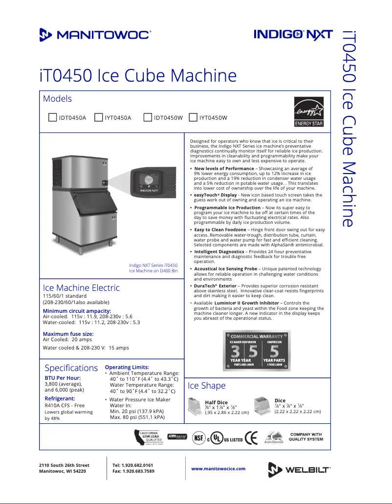 Page n°1 - Fiche technique Manitowoc IDT0450W