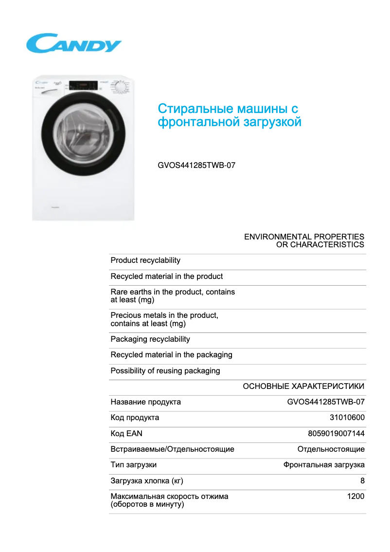 Image de la première page du manuel de l'appareil GVOS441285TWB-07