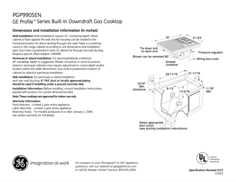 Page n°1 - Fiche technique GE Profile PGP990SENSS