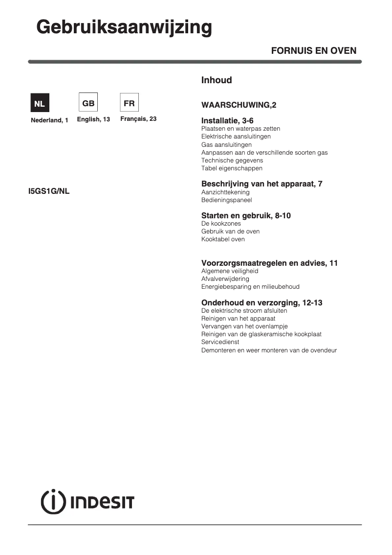 Page 1 de la notice Manuel utilisateur Indesit I5GS1G