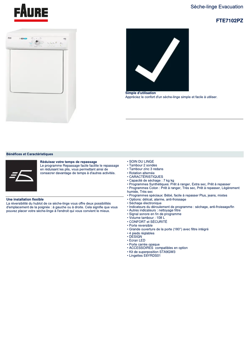 Page 1 de la notice Fiche technique Faure FTE7102PZ