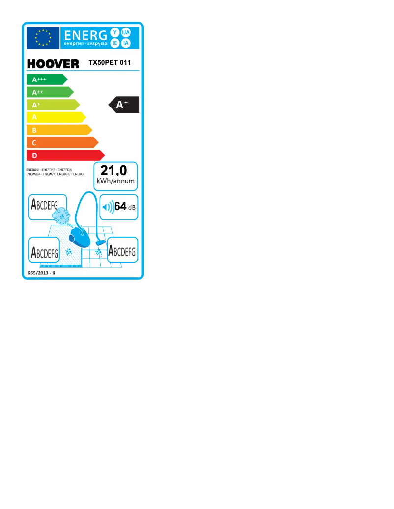 Page 1 de la notice Label énergétique Hoover Telios Extra TX50PET 001