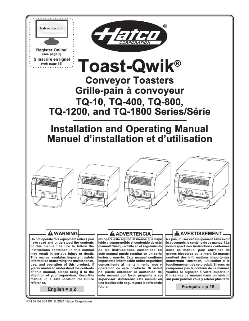 Page n°1 - Manuel utilisateur Hatco Toast-Qwik TQ-1800