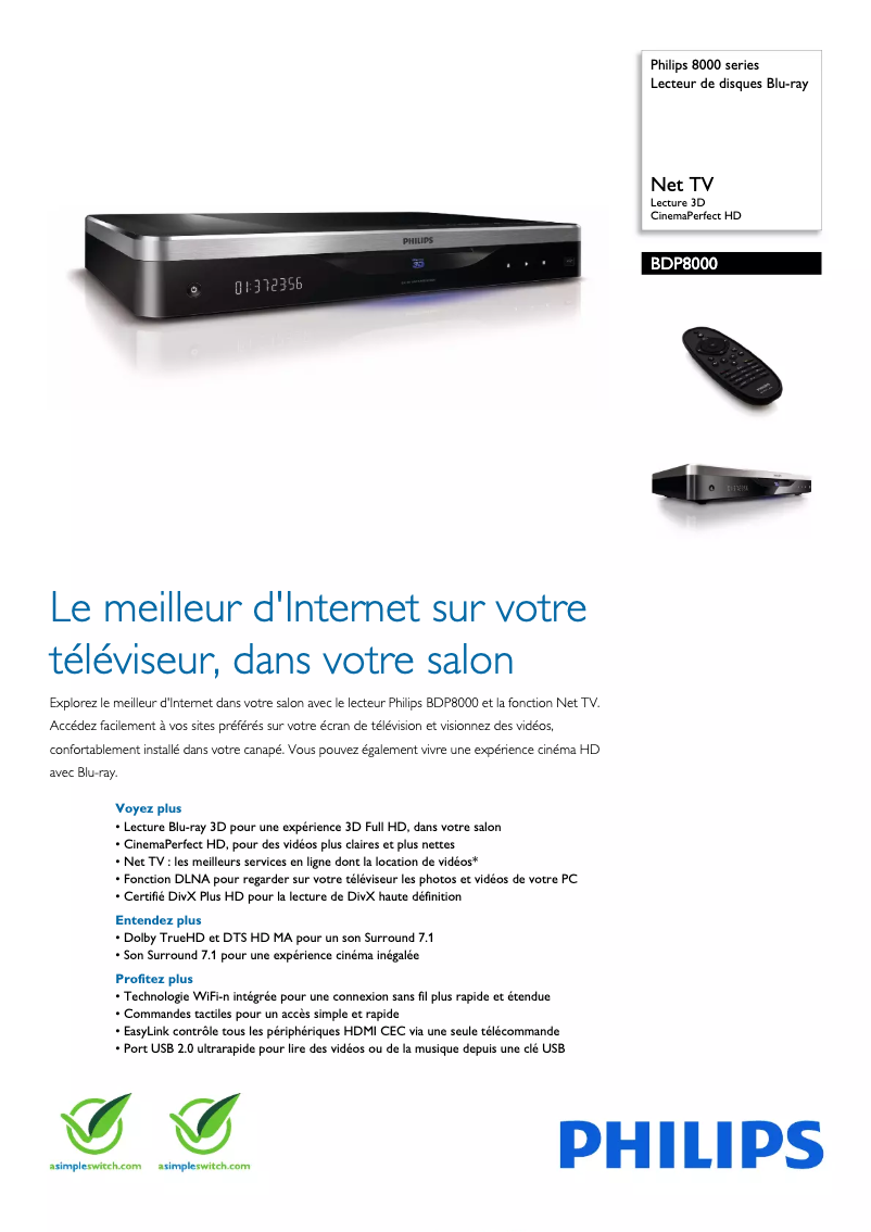 Page 1 de la notice Fiche technique Philips BDP8000