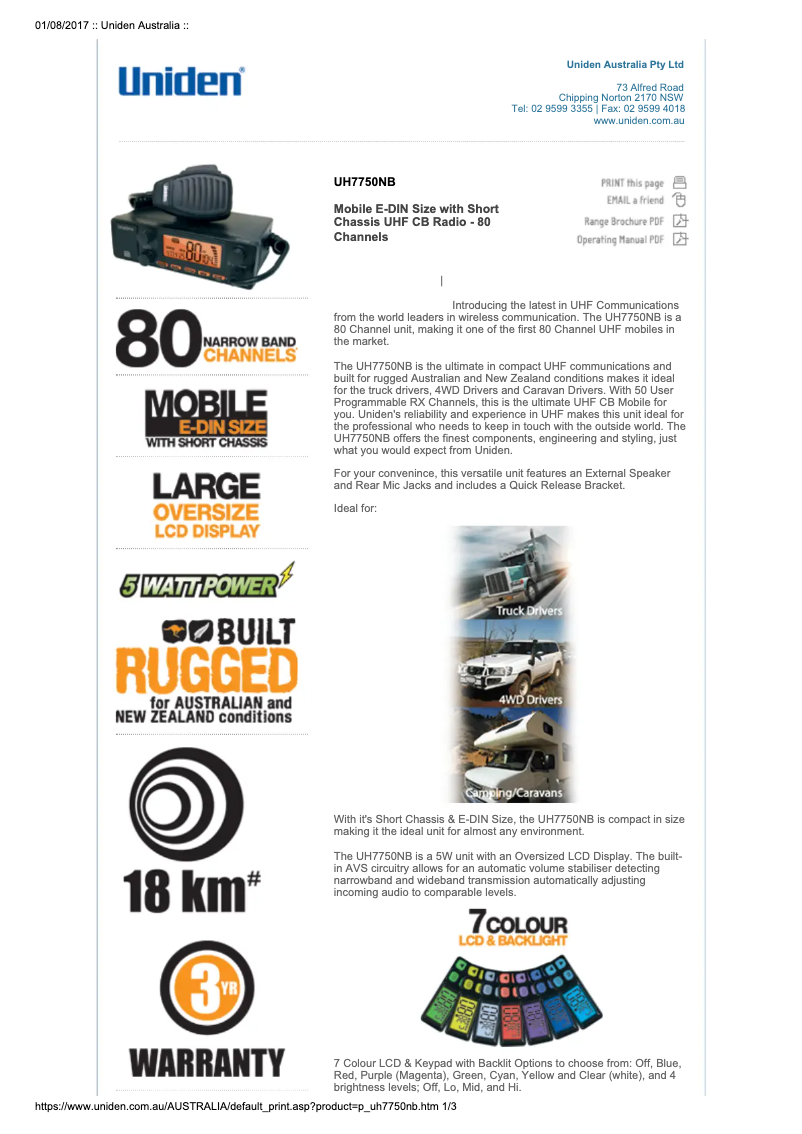 Page 1 de la notice Manuel utilisateur Uniden UH7750NB