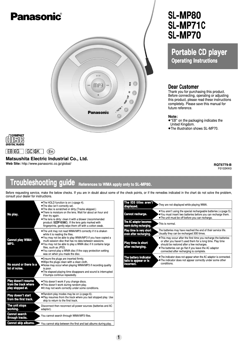 Page n°1 - Manuel utilisateur Panasonic SL-MP71C