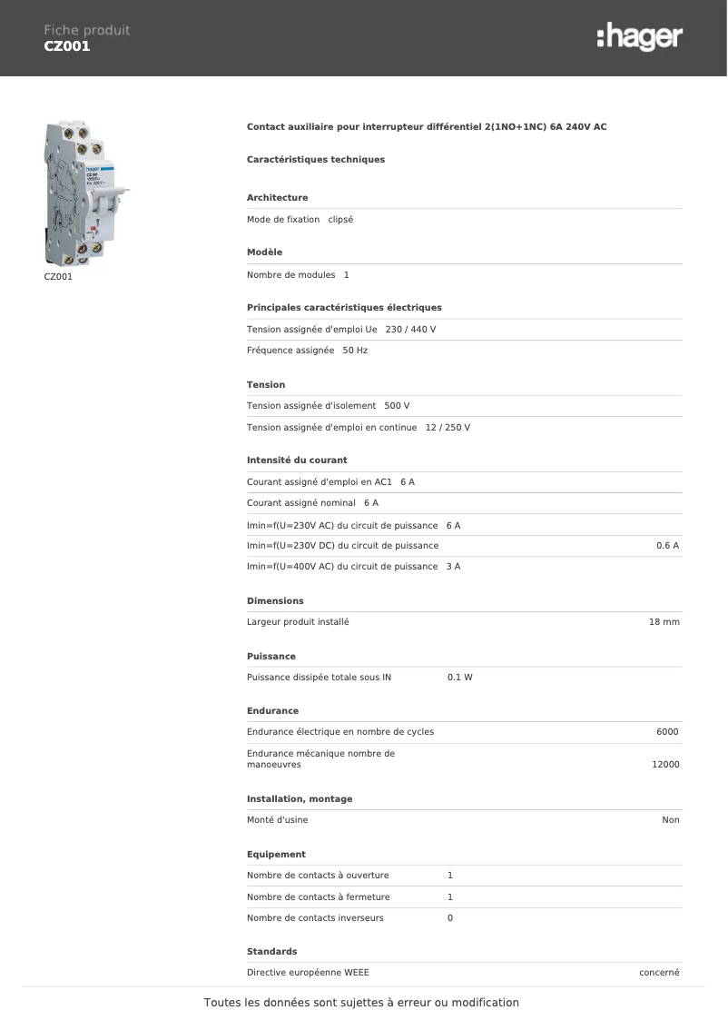 Page n°1 - Fiche technique Hager CZ001