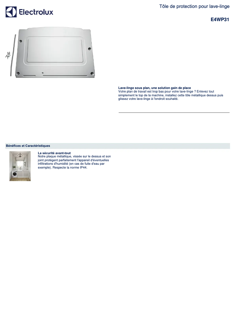 Page 1 de la notice Fiche technique Electrolux E4WP31