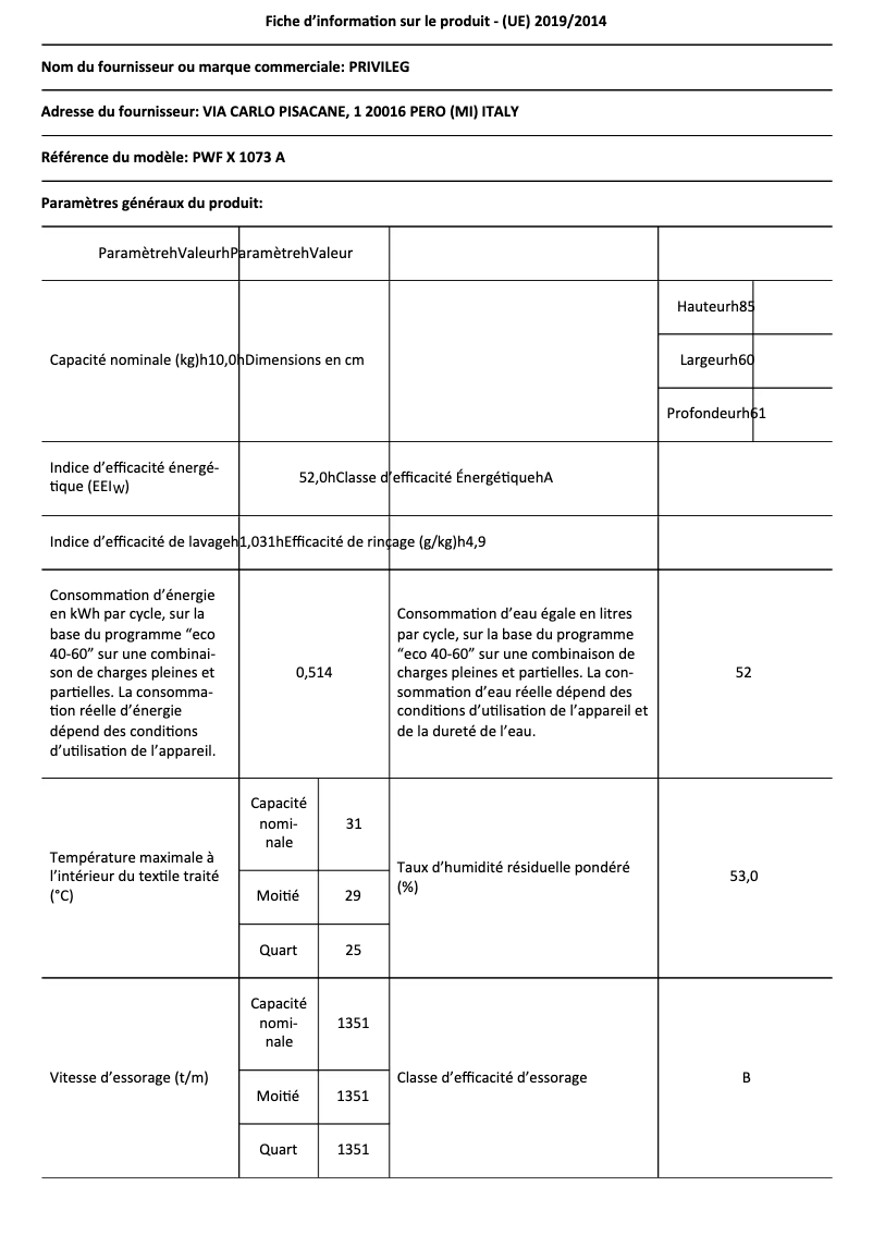 Page n°1 - Fiche technique Privileg PWF X 1073 A